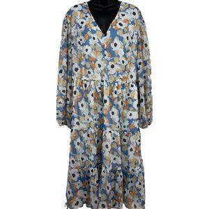 Joie Womens Floral Tier Midi Dress Womens Size XXL Blue Long Sleeve NEW NWT